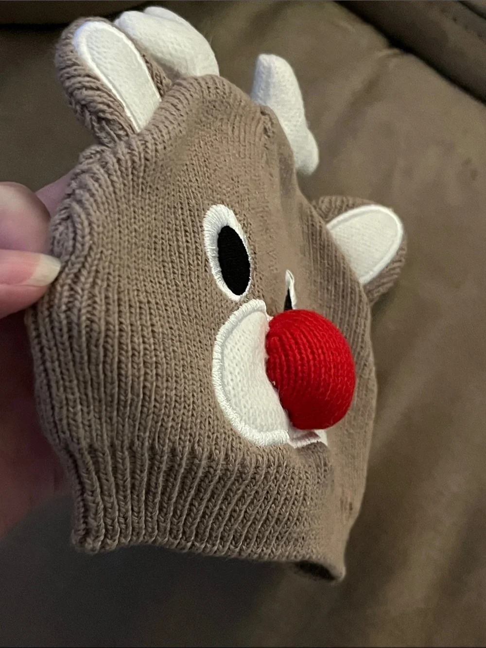 Kids Reindeer Beanie Hat with Red Nose - Brown